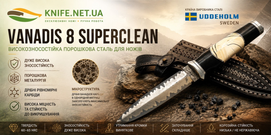 Vanadis 8 SuperClean — високозносостійка порошкова сталь для ножів